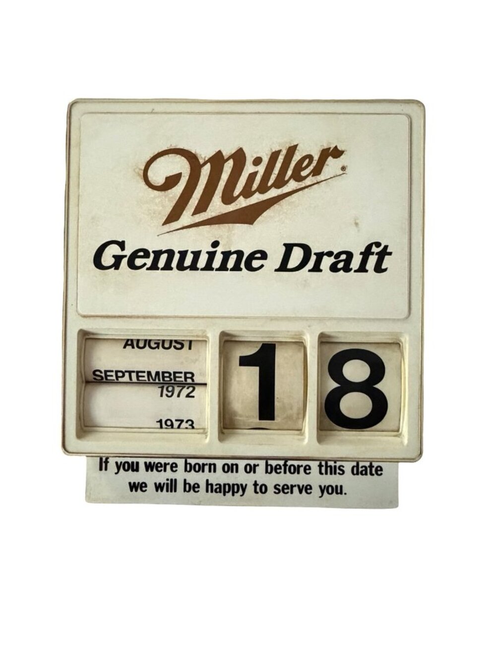 Vintage Miller Genuine Draft Age Verification Perpetual Calendar Bar Sign 1970s
